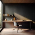 Workspace with wooden writing desk and chair against window near dark wall with shelf. Interior design of modern scandinavian home Royalty Free Stock Photo