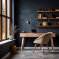 Workspace with wooden writing desk and chair against window near dark wall with shelf. Scandinavian home office Royalty Free Stock Photo