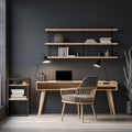 Workspace with wooden writing desk and chair against window near dark wall with shelf. Scandinavian home office