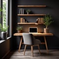 Workspace with wooden writing desk and chair against window near dark wall with shelf. Scandinavian home office Royalty Free Stock Photo