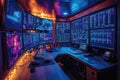 Workstation for data analysis at night with multiple high-resolution displays showcasing various information Royalty Free Stock Photo