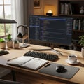 Workstation with a modern setup featuring a large monitor displaying coding Royalty Free Stock Photo
