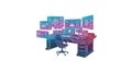 A Workstation with Multiple Screens Displaying Data and a Chair computer monitors data visualization Royalty Free Stock Photo