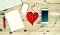 Workstation with Red Valentine Heart, Stationary and Office Supp Royalty Free Stock Photo