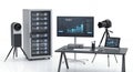 Workstation with Servers and Monitor Displaying Bar Graphs for Data Analysis and Technology Infrastructure Management Royalty Free Stock Photo