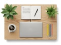 Workstation setup with laptop, coffee, and plants isolated on white background Royalty Free Stock Photo