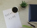 Worktable. Break time, coffee break background composition. Top view. Relaxation, business morning, break time, coffee time.