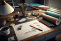 Worktable interior design with drawing and decoration materials Generative AI