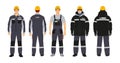 Workwear branding. Blanks for corporate identity. Black and gray colors. A man in a winter jacket and overalls