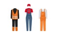 Workwear or Professional Staff Clothing with Courier and Roadman Outfit Front View Vector Set