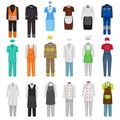 Workwear uniform collection. Doctor, chief cook, maid, waiter, builder and construction workers professional garments