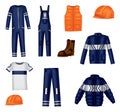 Workwear uniform and worker clothes, safety jackets and overall vests. Work wear clothing suits and outfit garments for