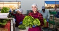 Workwoman working on sorting line in vegetable factory, packing selected fresh green lettuce in plastic boxes for Royalty Free Stock Photo