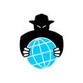 World aggressor symbol. Black silhouette of unknown evil person grabbing the Earth globe. Royalty Free Stock Photo