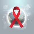 World AIDS day awareness red ribbon sign over world map international medical prevention poster flat