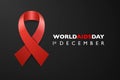 World AIDS Day Banner - Aids Awareness Red Silk Ribbon on Black Background. Aids Day Concept. Design Template for 1st Royalty Free Stock Photo