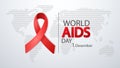 World AIDS Day 1 December. Poster with Red Ribbon on world map. Vector Illustration.