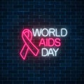 World Aids Day neon sign with red ribbon. Support for people living with HIV banner. 1st december world aids day symbol