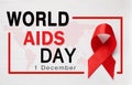 World AIDS Day poster. Frame with red awareness ribbon. text and map on light background