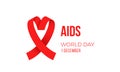World AIDS day red ribbon symbol poster for 1 December awareness poster. Vector HIV and AIDS support day ribbon logo symbol or emb