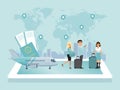 World airport, character male, female aircraft crew and passenger, concept flat vector illustration. World map, occupant