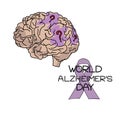 World alzheimer`s day, themed illustration depicting the human brain with shaded areas and question marks, purple ribbon and Royalty Free Stock Photo
