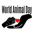 World Animal Day, idea for a poster, banner or a thematic postcard, silhouette of a human hand and an animal paw