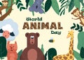 World Animal Day poster with illustrations of animals such as Koala, Giraffe, Sheep, Monkey, etc,, vector