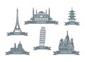 World architectural attractions. Stylized flat icons. Landmarks In Paris, Istanbul, Japan, Italy, Russia, Indonesia