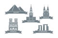 World architectural attractions. Stylized flat icons. Landmarks of Moscow, Prague, Egypt, Paris, England Royalty Free Stock Photo