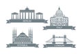 World architectural attractions. Stylized flat icons. Landmarks in Rome, London, Istanbul and Berlin