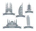 World architectural attractions. Stylized flat icons. Landmarks In Spain, Italy, Dubai, Japan, Turkey