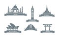 World architectural attractions. Stylized flat icons The Taj Mahal, big Ben and other