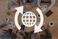 World with arrows icon against meeting background Royalty Free Stock Photo