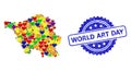 World Art Day Rubber Badge and Colored Heart Mosaic Map of Saarland State for LGBT