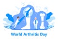 World arthritis day in October. Tiny doctors treat rheumatism, osteoarthritis. Healthcare flat concept vector on the blue