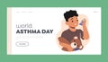 World Asthma Day Landing Page Template. Little Boy Breath with Inhaler. Kid Character Suffer of Respiratory Disease