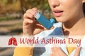 World asthma day. Young woman using inhaler, closeup Royalty Free Stock Photo