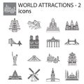 World Attractions icon line, linear vector set. Black signs, symbols. Icons for tourism. Set of stylish icons on a white