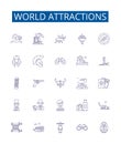 World attractions line icons signs set. Design collection of Sites, Destinations, Attractions, Monuments, Landmarks