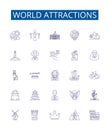 World attractions line icons signs set. Design collection of Sites, Destinations, Attractions, Monuments, Landmarks