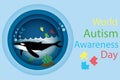 World Autism Awareness Day. Ocean Oscar whale with butterfly and puzzle.