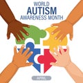 World Autism Awareness Day banner. Children\'s hands and colorful heart puzzles. Poster