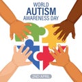 World Autism Awareness Day banner. Children\'s hands and colorful heart puzzles. Poster