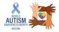 World Autism Awareness Day banner. Children\'s hands and colorful heart puzzles. Poster