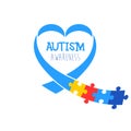 World autism awareness day. Blue ribbon with colorful puzzles vector background. Heart shape. Symbol of autism. Medical flat