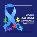 World Autism Awareness Day - Light blue ribbon awareness with colorful jigsaw puzzle piece in white frame on dark blue background Royalty Free Stock Photo