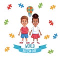 World autism day kids couple with puzzle bulb