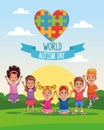 World autism day kids with heart puzzle in landscape Royalty Free Stock Photo
