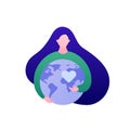 World awareness concept. Vector flat people illustration. Woman embrace planet earth globe. Symbol of global responibility, social